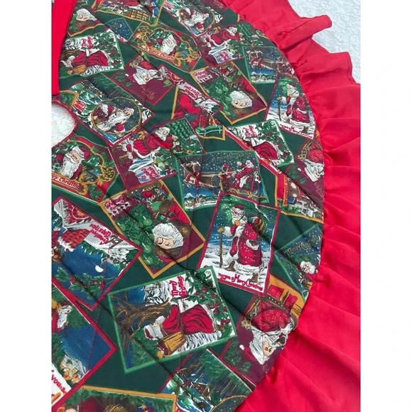 Vintage Handmade Holiday Christmas Tree Skirt Santa Claus Ruffle Pleated Red 36" - Picture 5 of 10